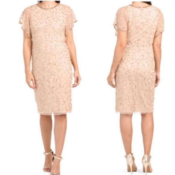 ADRIANNA PAPELL Beaded Flutter Sleeve Champagne & Gold Cocktail Dress Size 16W - Picture 2 of 4
